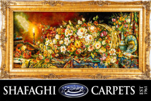 تابلو فرش دستباف شفقی تبریز سبد گل و تار و شمع